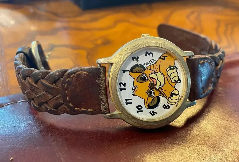 VTG 35mm Women's Lion King Timex Watch,Gold Tone Braided Leather Band